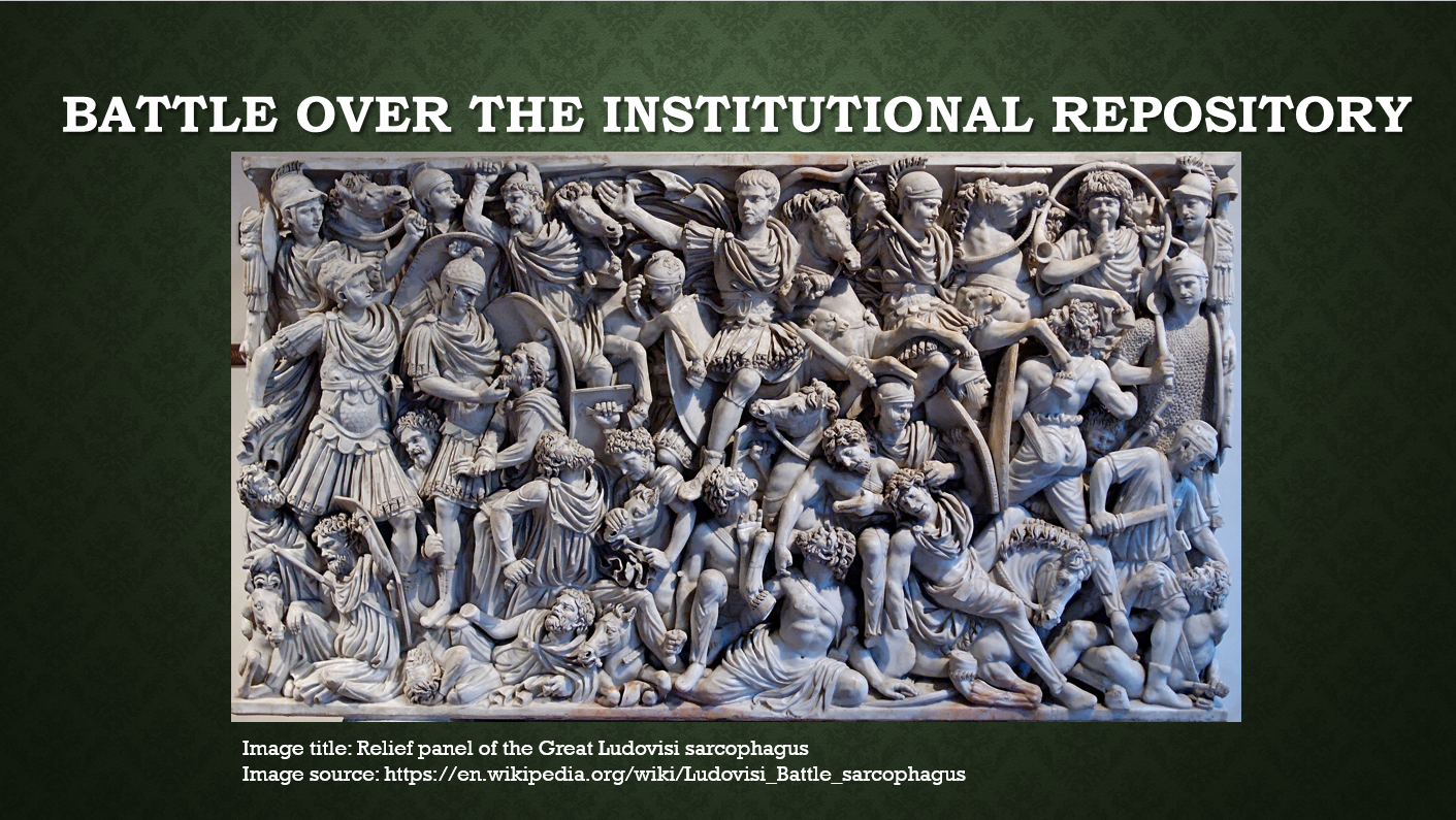 Image of fourth power point slide. Image in center of the slide is a relief panel of the great Ludovisi sarcophagus, depicting a carved battle scene. Text at the top of the slide reads "Battle over the institutional repository"